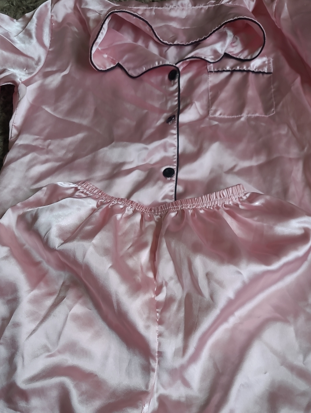 Women's Pink Satin Pajama Set with Black Piping
